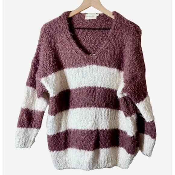 Dreamers Striped Fuzzy Pullover Sweater, Plum & Ivory Soft Cozy Knit V-Neck S/M - Picture 3 of 5